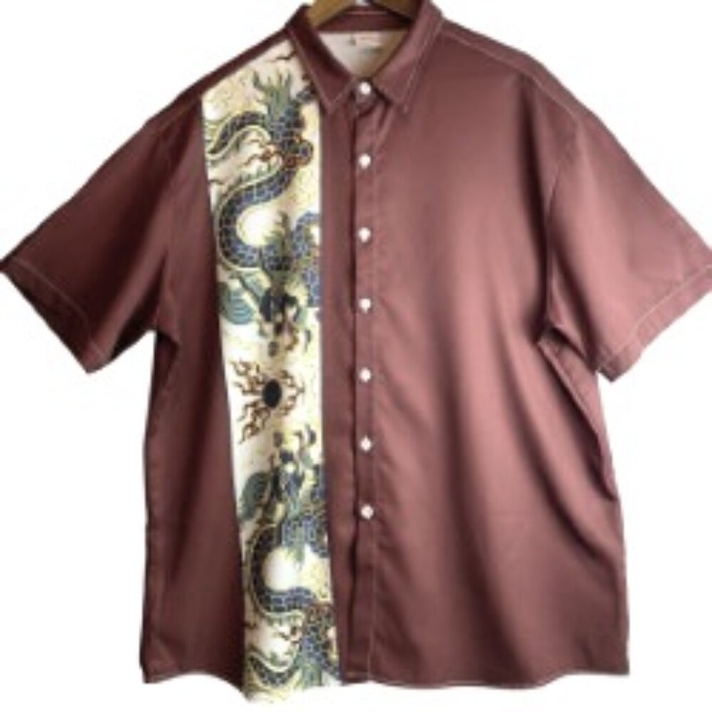 HOO BRAND MENS SHORT SLEEVE PLUM BROWN SHIRT WITH DRAGON DESIGN SIZE 2XL